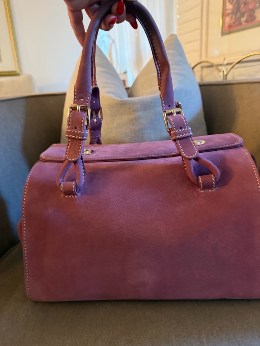 Celine Suede Satchel Handbag in Plum - Picture 2 of 14
